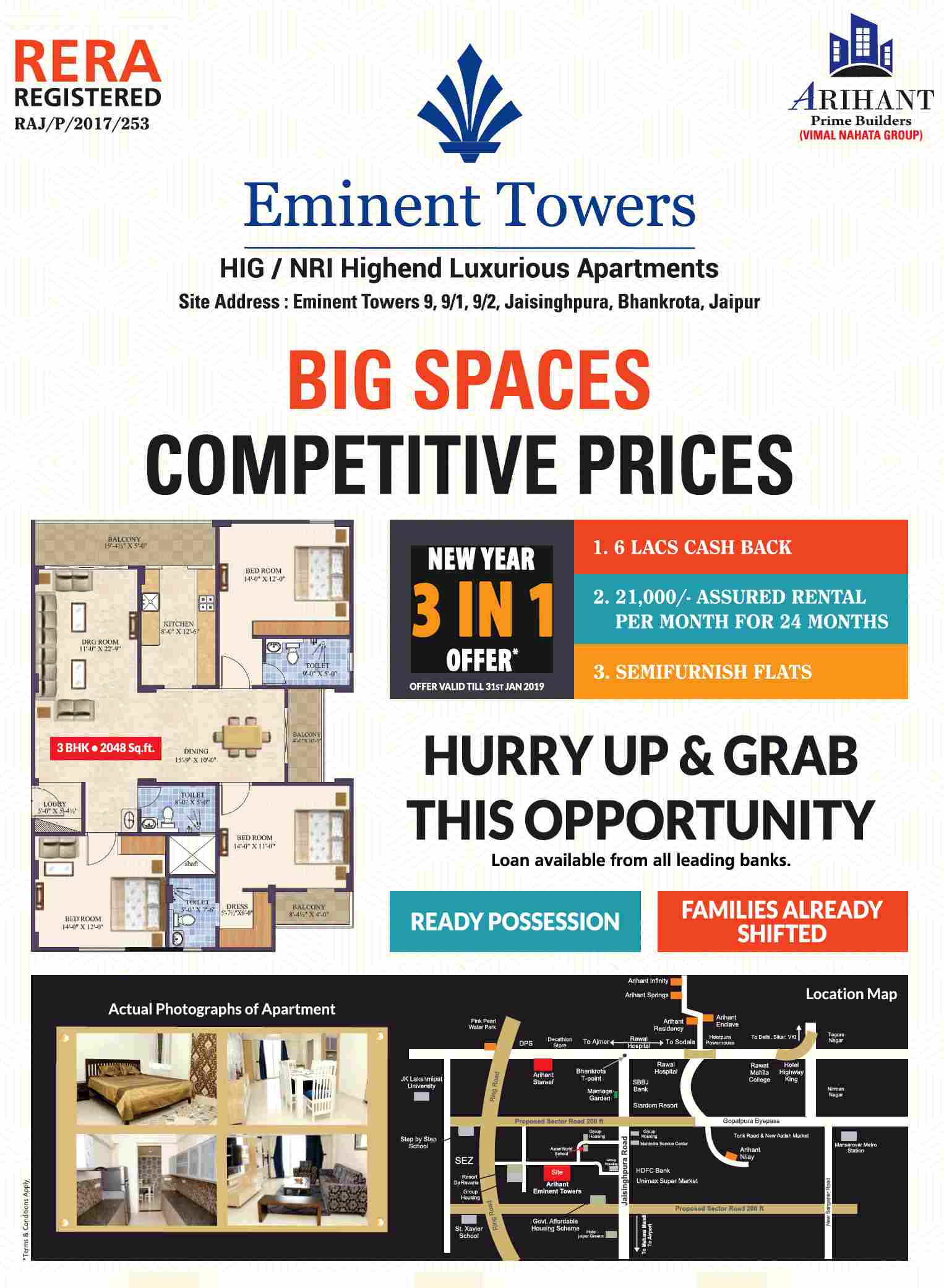 Get Rs 21000 assured rental per month for 24 months at Arihant Eminent Towers in Jaipur